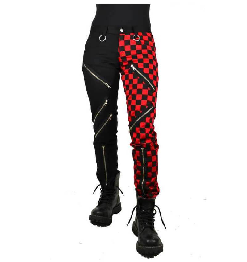 PUNK KALHOTY ČERNÁ + ČERV. SKA KOSTKA, ZIPY, KROUŽKY - dámské