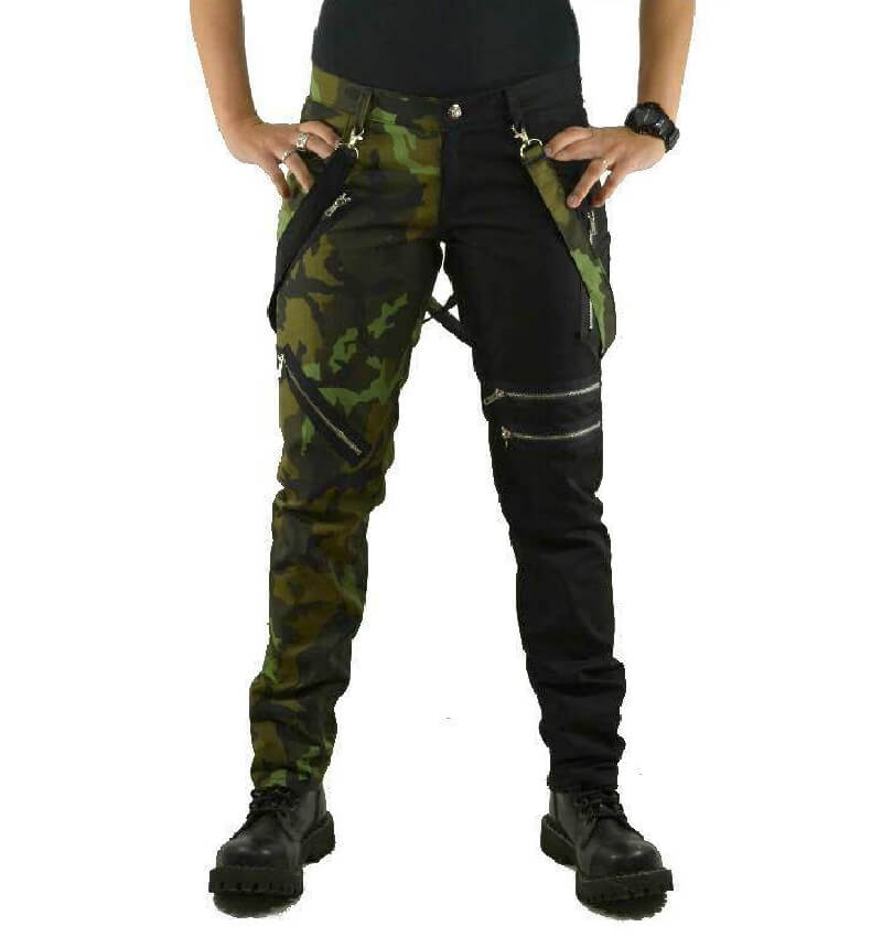 PUNK KALHOTY MASKÁČ + ČERNÁ SE ZIPY A KŠANDAMI - dámské